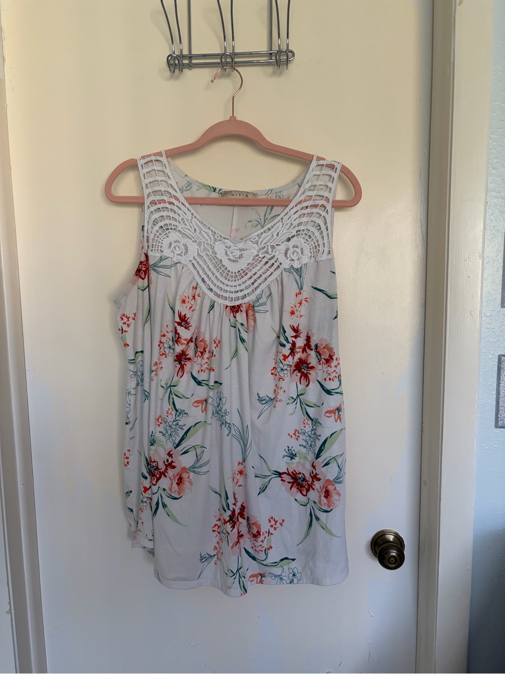 Misia White Floral Crochet Yoke Camisole - Coral & Green Print